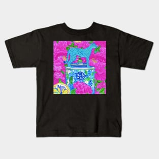 Blue panther in peony garden Kids T-Shirt